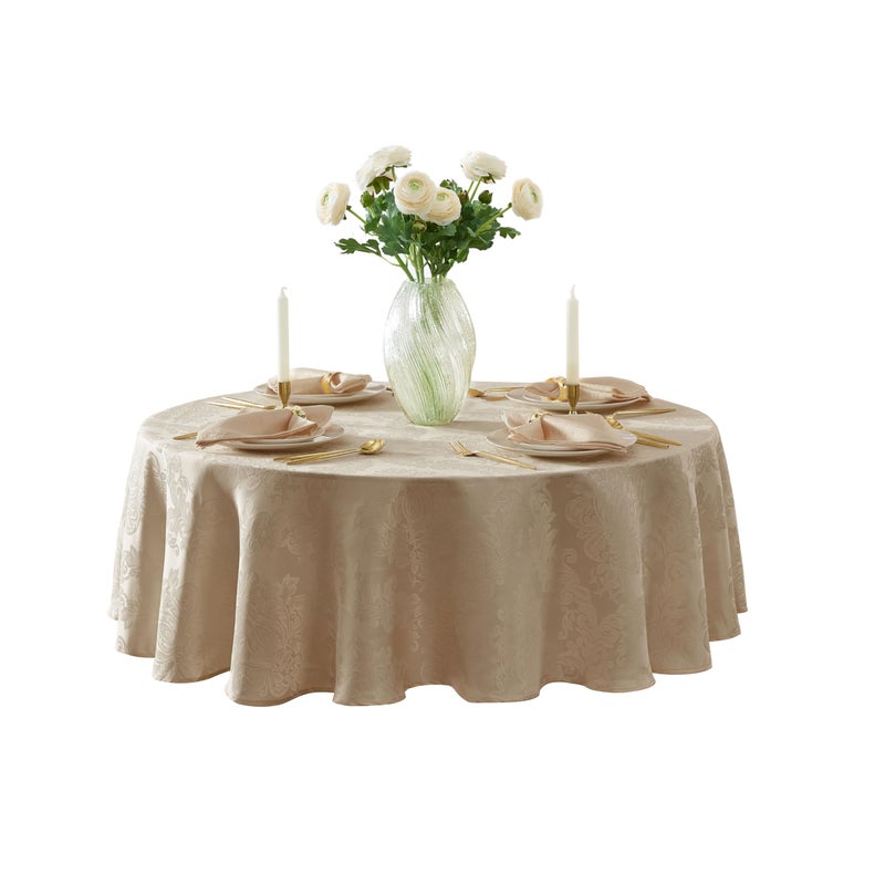Newbridge Barcelona Luxury Damask Fabric Tablecloth, 108â€ Round, Antique White, 100% Polyester, No Iron, Soil Resistant Dining Room, Party and Banquet Table Cover - Image 1